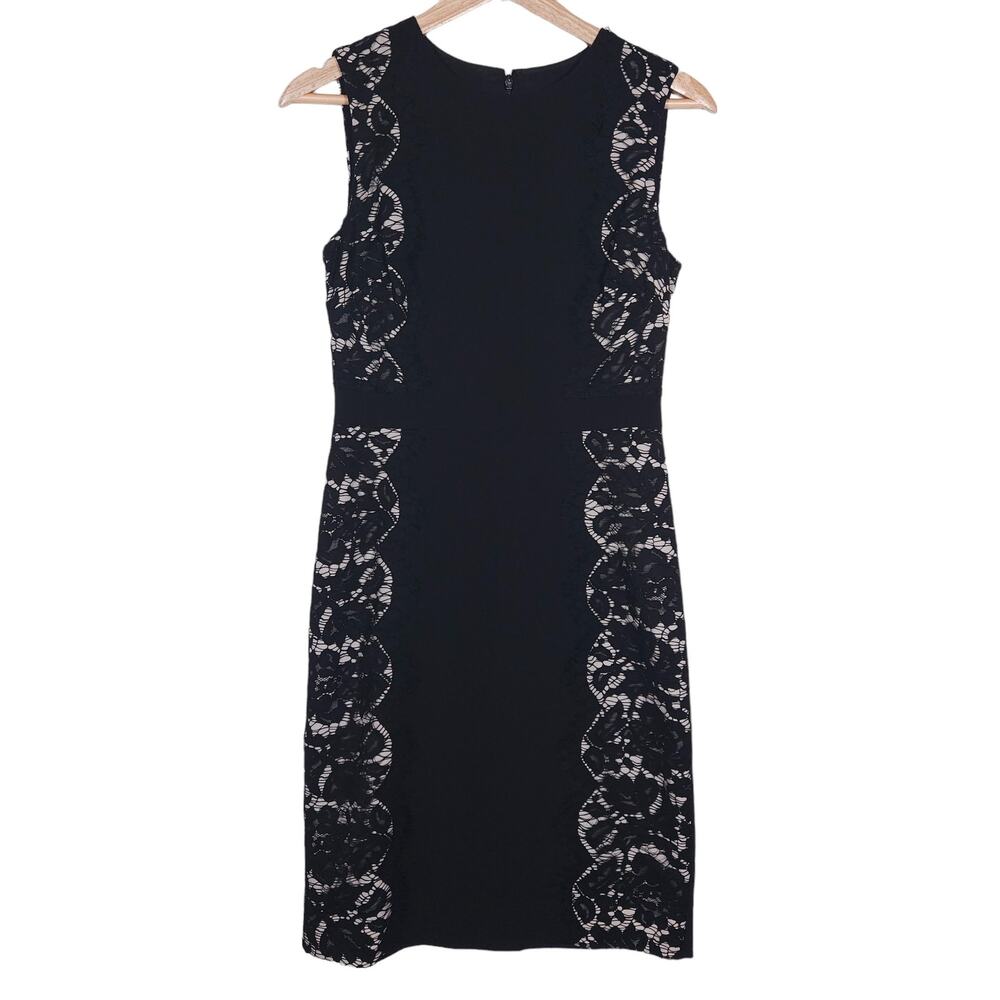J.Crew Womens Sheath Dress 0 Black Nude Cream Lace Panel Sleeveless Knee Length